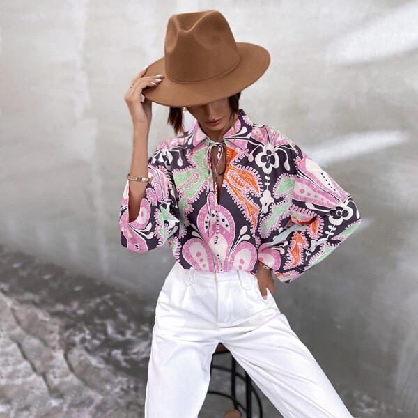 

Tie Neck All Over Print Blouse, Multicolor