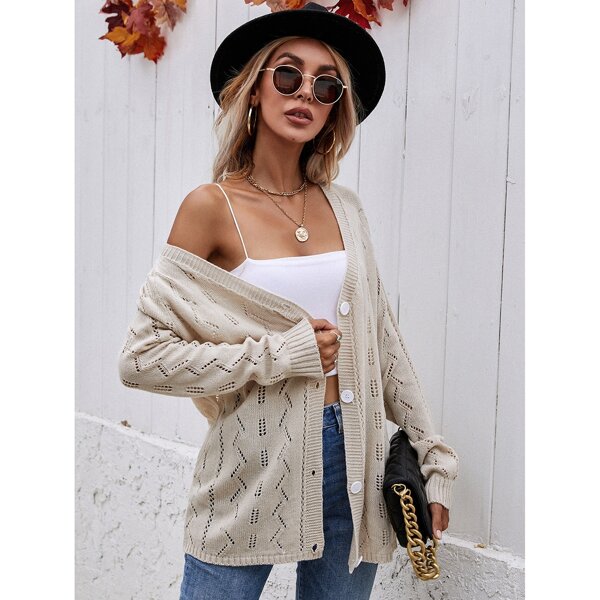 

Open Knit Button Up Cardigan, Apricot