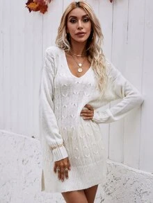 Jersey tejido de cable largo - Blanco - Ver 4