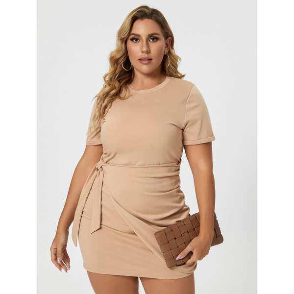 

Plus Solid Tie Side Bodycon Dress, Khaki
