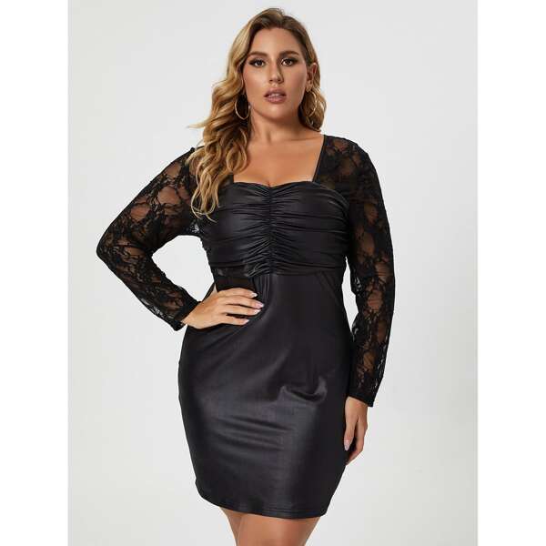 

Plus Contrast Lace Ruched Satin Dress, Black