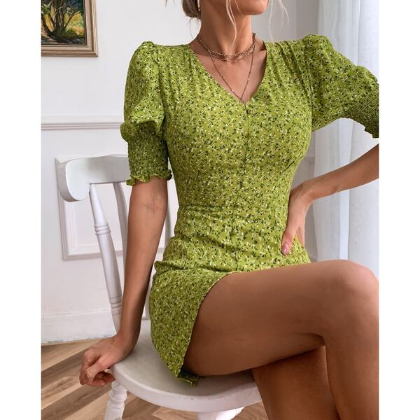 

Ditsy Floral Puff Sleeve Dress, Green