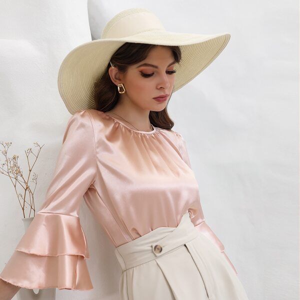 

Satin Flounce Sleeve Keyhole Back Blouse, Apricot