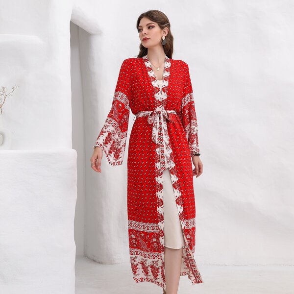 

Floral Print Belted Kimono, Red