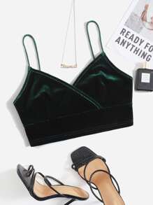 Muchica Surplice Neck Velvet Crop Cami Top - Dark Green - View 1