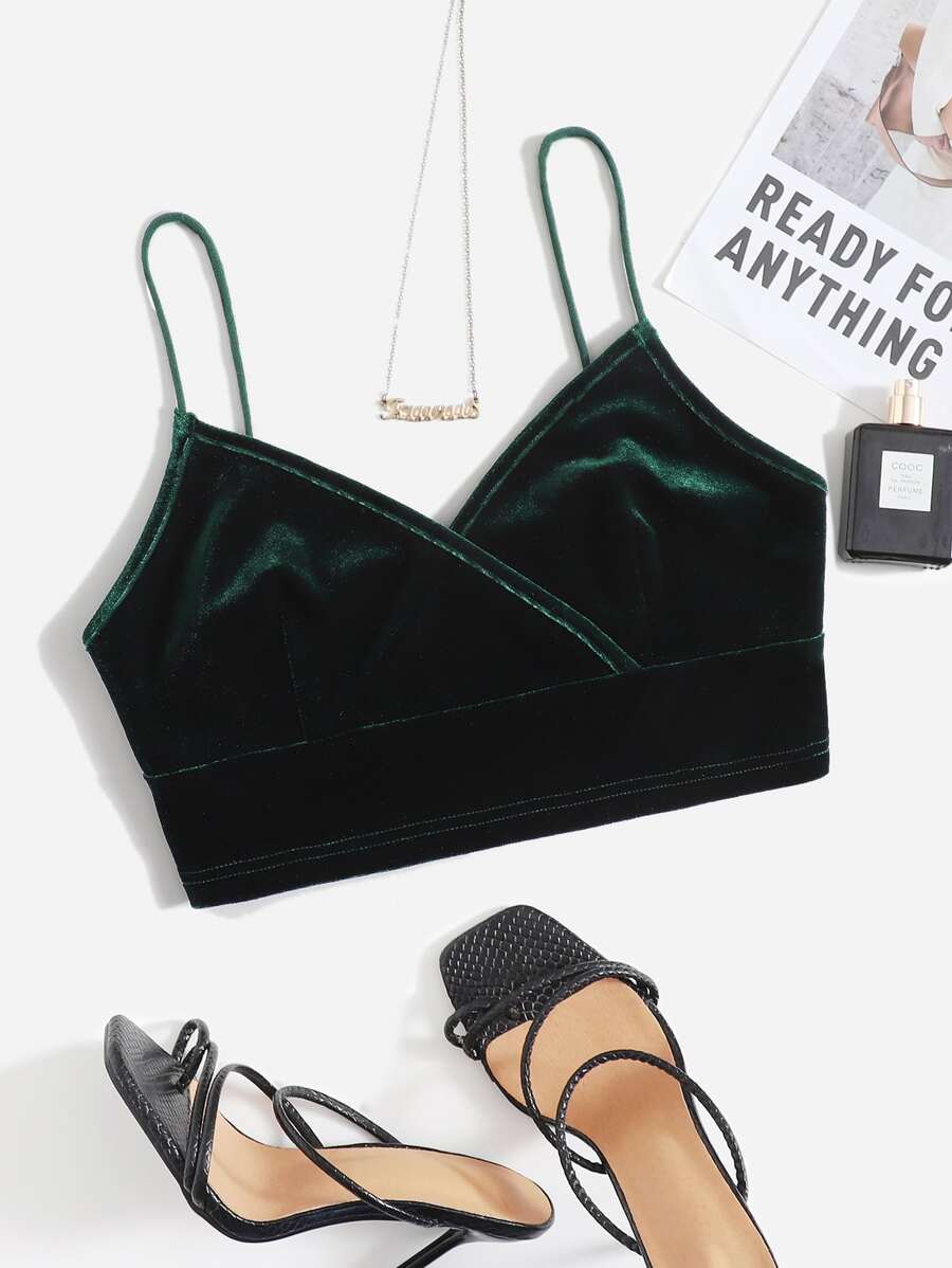 Muchica Surplice Neck Velvet Crop Cami Top - Dark Green - View 1