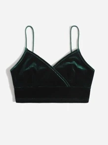 Muchica Surplice Neck Velvet Crop Cami Top - Dark Green - View 5