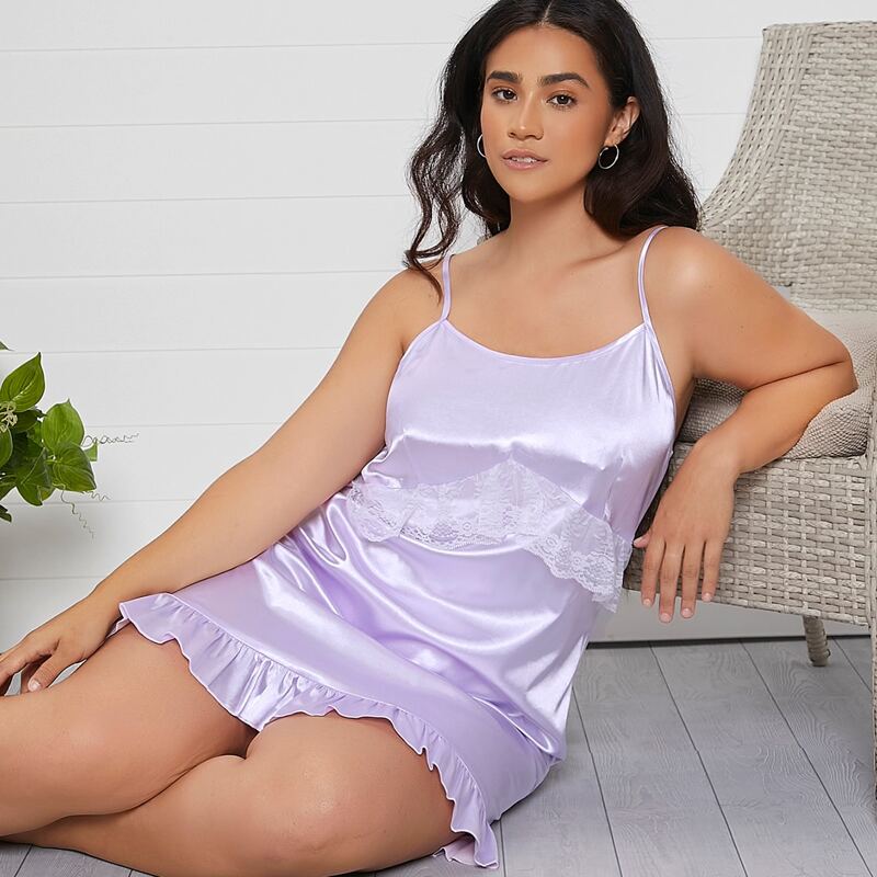 

Plus Contrast Lace Satin Slip Nightdress, Lilac purple