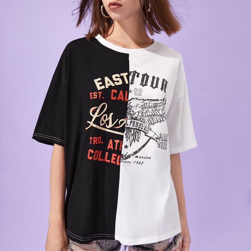 

Colorblock Letter Graphic Tee, Black and white