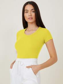 SHEIN BASICS Cap Sleeve Fitted Tee - Yellow - View 5