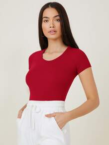 SHEIN BASICS Cap Sleeve Fitted Tee - Red - View 3