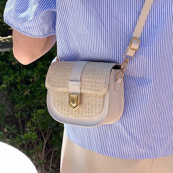 

Minimalist Push Lock Straw Saddle Bag, Beige