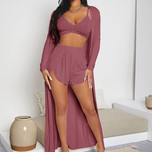 

Ruched Bust Crop Cami Top With Coat & Wrap Shorts Set, Rusty rose