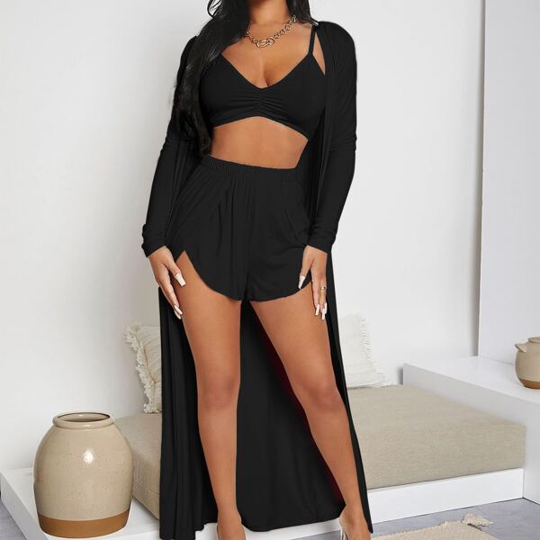 

Ruched Bust Crop Cami Top With Coat & Wrap Shorts Set, Black