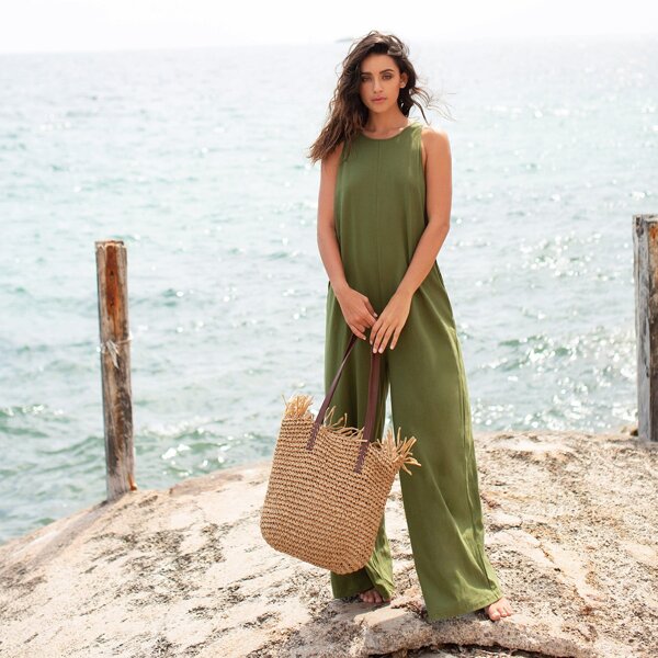 

Solid Cut Back Wide Leg Jumpsuit, Army green