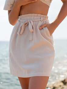 SHEIN Váy Thắt lưng Túi Quần paper-bag màu trơn Giải trí - Màu Khaki - Xem 3