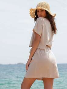 SHEIN Váy Thắt lưng Túi Quần paper-bag màu trơn Giải trí - Màu Khaki - Xem 4