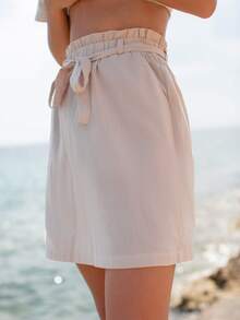 SHEIN Váy Thắt lưng Túi Quần paper-bag màu trơn Giải trí - Màu Khaki - Xem 5