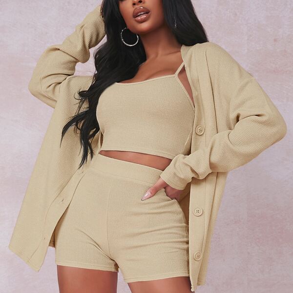 

Rib-knit Crop Cami Top With Coat & Shorts Set, Camel