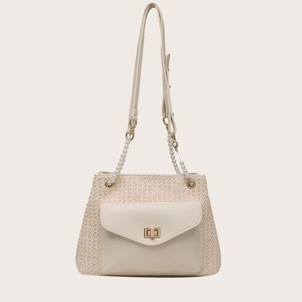 

Turn-lock Straw Shoulder Bag, Beige