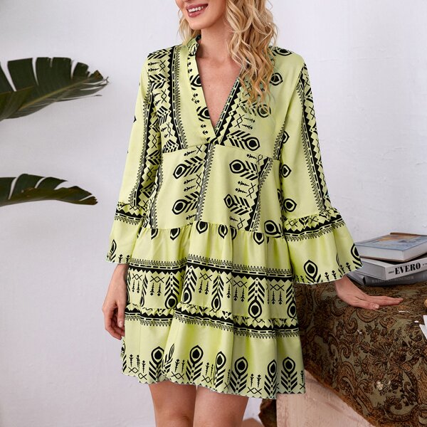 

Geo Print Flounce Sleeve Smock Dress, Multicolor