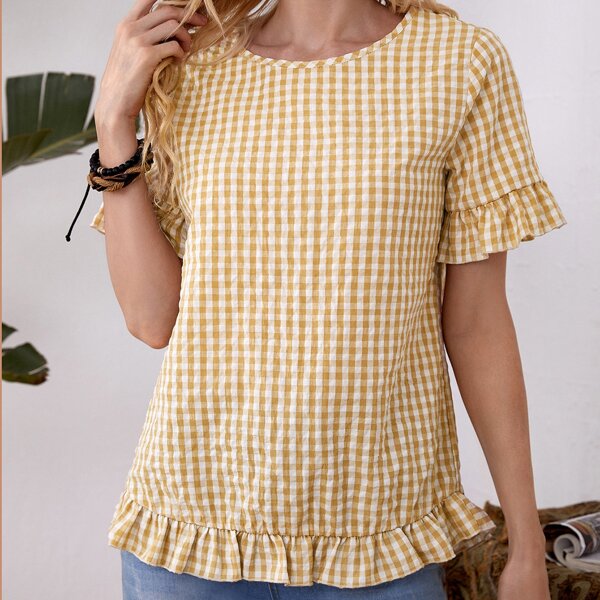

Gingham Ruffle Hem Blouse, Yellow