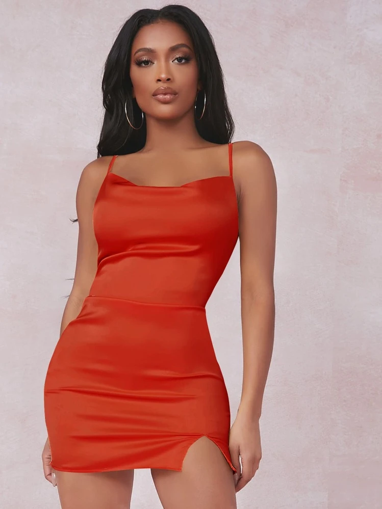 shein sxy split detail satin cami bodycon dress custom mother dresses Sexy Key Hole Sky Neck Size:18.5