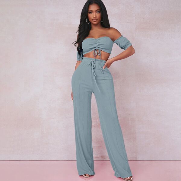 

Off Shoulder Drawstring Ruched Front Crop Top & Paperbag Waist Pants Set, Baby blue