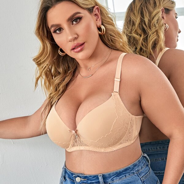 

Plus Contrast Lace Underwire Bra, Apricot