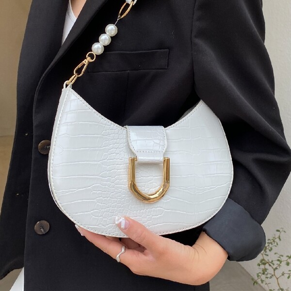 

Faux Pearl Decor Croc Embossed Baguette Bag, White