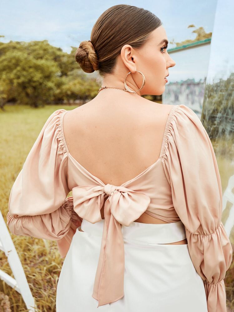 SHEIN Unity 大碼素色後綁帶短款上衣 - 粉色 - 查看 2