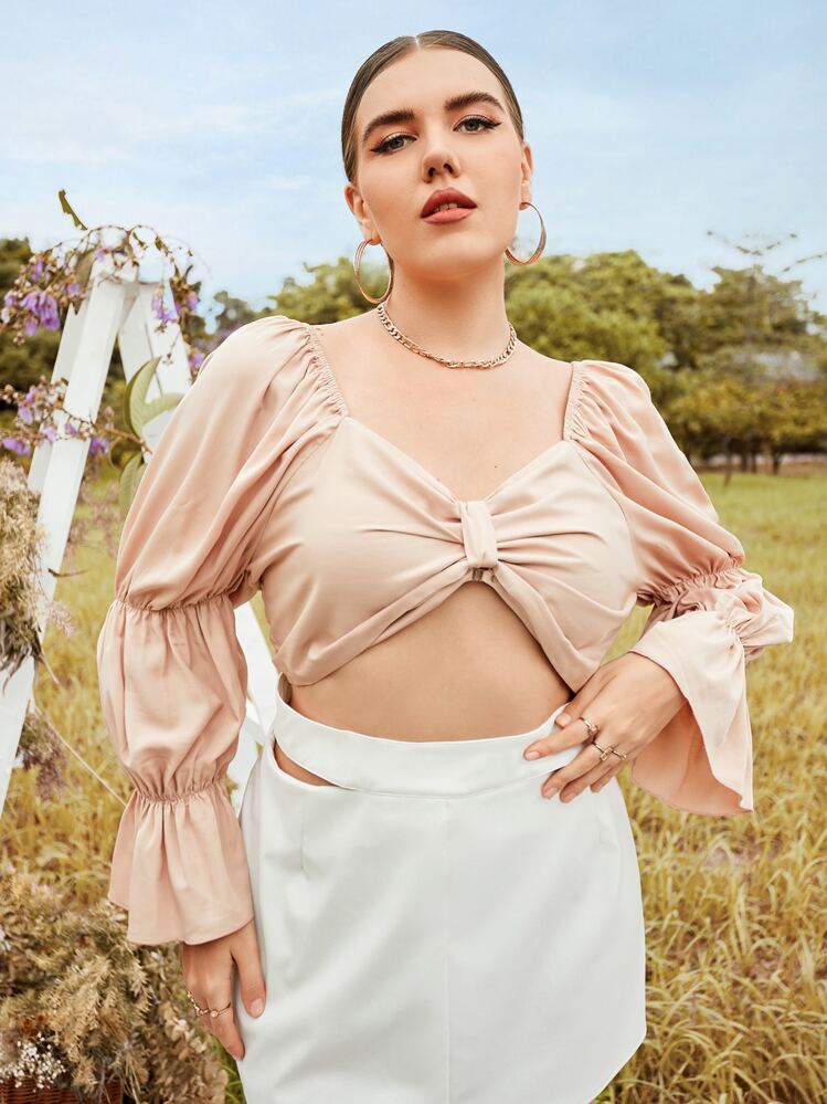 SHEIN Unity 大碼素色後綁帶短款上衣 - 粉色 - 查看 1