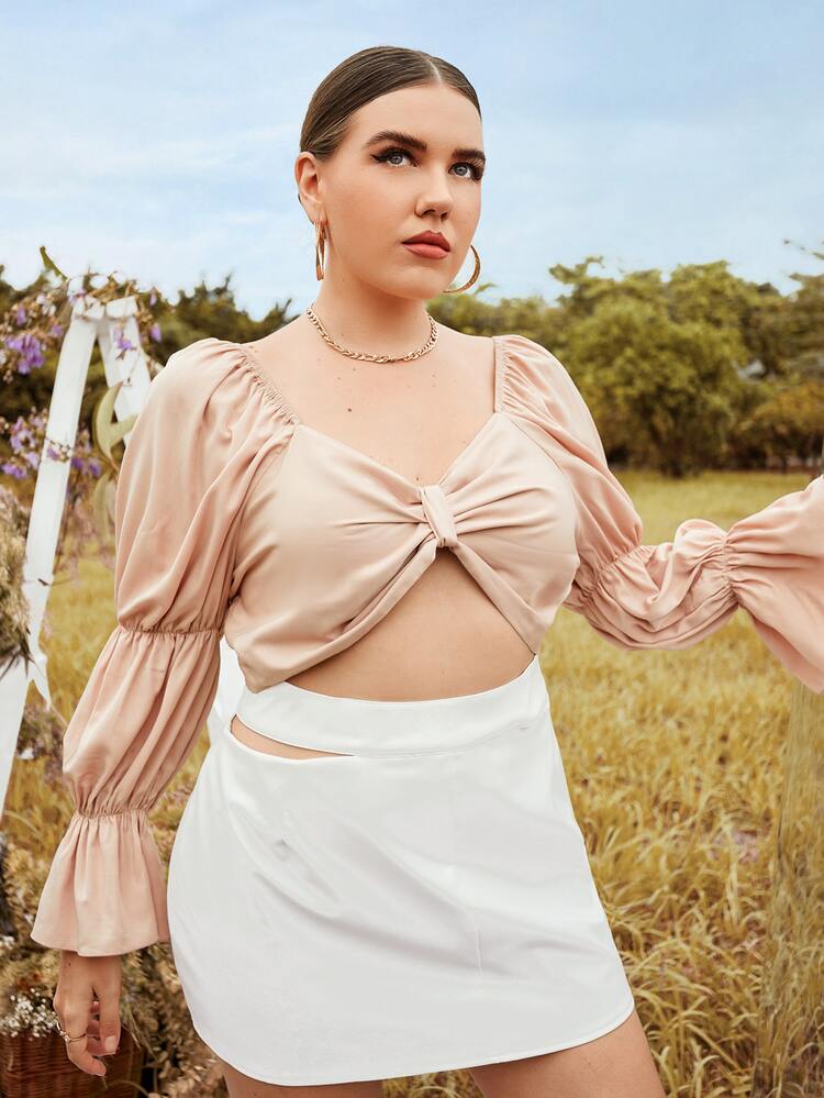 SHEIN Unity 大碼素色後綁帶短款上衣 - 粉色 - 查看 3