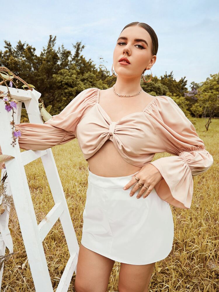 SHEIN Unity 大碼素色後綁帶短款上衣 - 粉色 - 查看 4