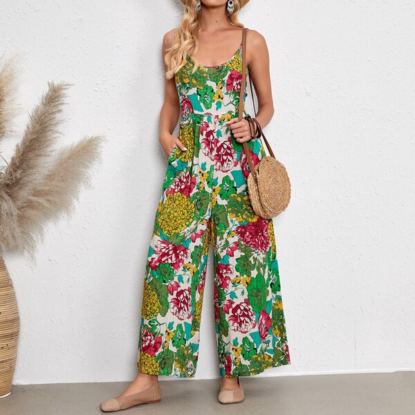 

Floral Print Hidden Pocket Backless Cami Jumpsuit, Multicolor