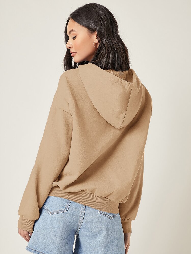 SHEIN BASICS Drop Shoulder Zipper Up Hooded Sweatshirt - Khaki - View 2