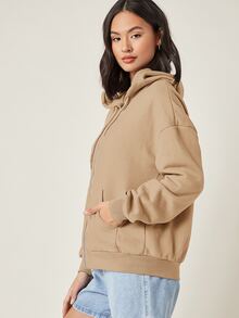 SHEIN BASICS Drop Shoulder Zipper Up Hooded Sweatshirt - Khaki - View 3