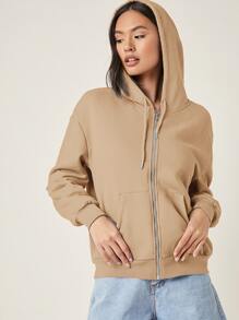 SHEIN BASICS Drop Shoulder Zipper Up Hooded Sweatshirt - Khaki - View 4