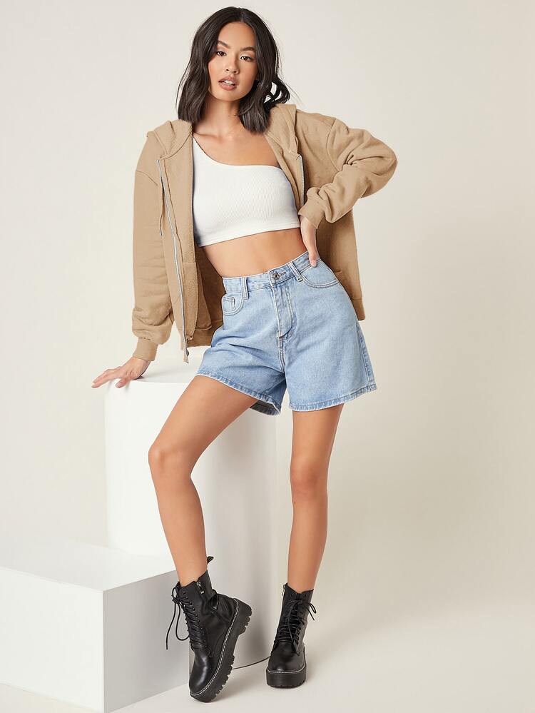 SHEIN BASICS Drop Shoulder Zipper Up Hooded Sweatshirt - Khaki - View 5