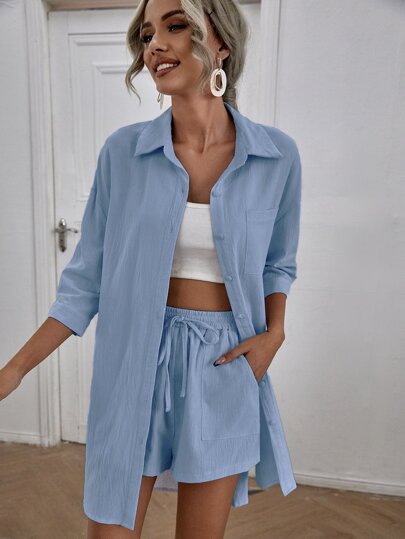 Chiquease 素色前短後長下擺開叉襯衫和短褲