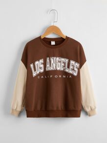 SHEIN Girls Letter Graphic Color Block Drop Shoulder Sweatshirt - Coffee Brown - View 1