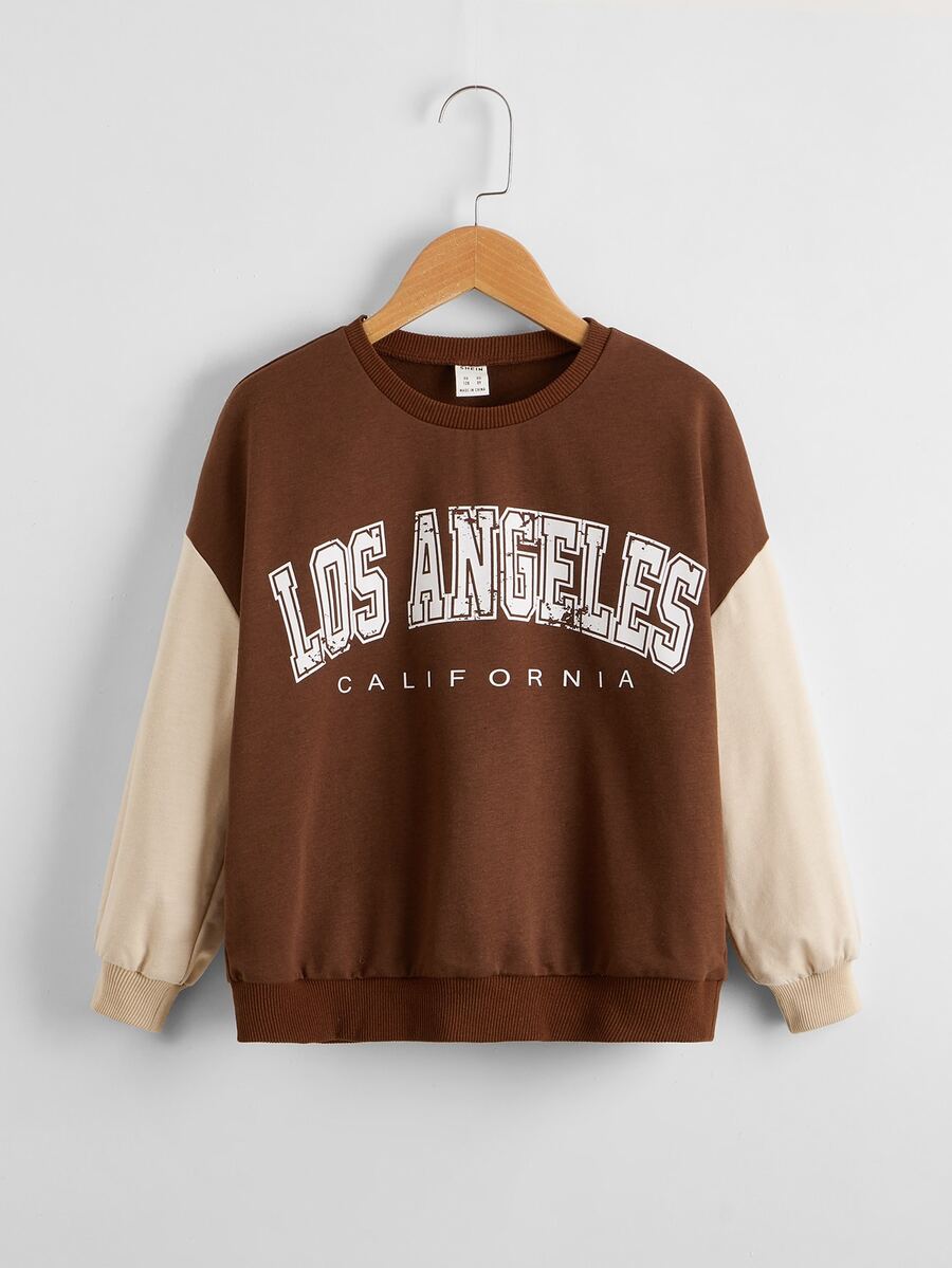 SHEIN Girls Letter Graphic Color Block Drop Shoulder Sweatshirt - Coffee Brown - View 1