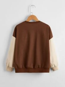 SHEIN Girls Letter Graphic Color Block Drop Shoulder Sweatshirt - Coffee Brown - View 2