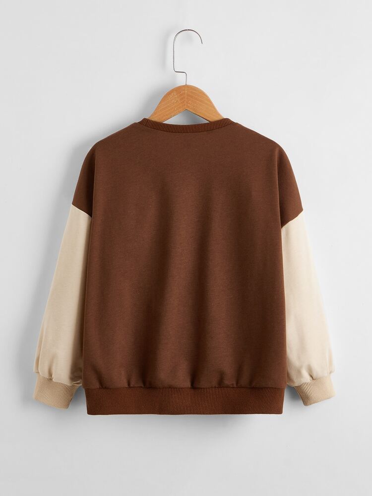 SHEIN Girls Letter Graphic Color Block Drop Shoulder Sweatshirt - Coffee Brown - View 2