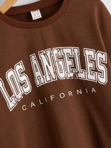 SHEIN Girls Letter Graphic Color Block Drop Shoulder Sweatshirt - Coffee Brown - View 4