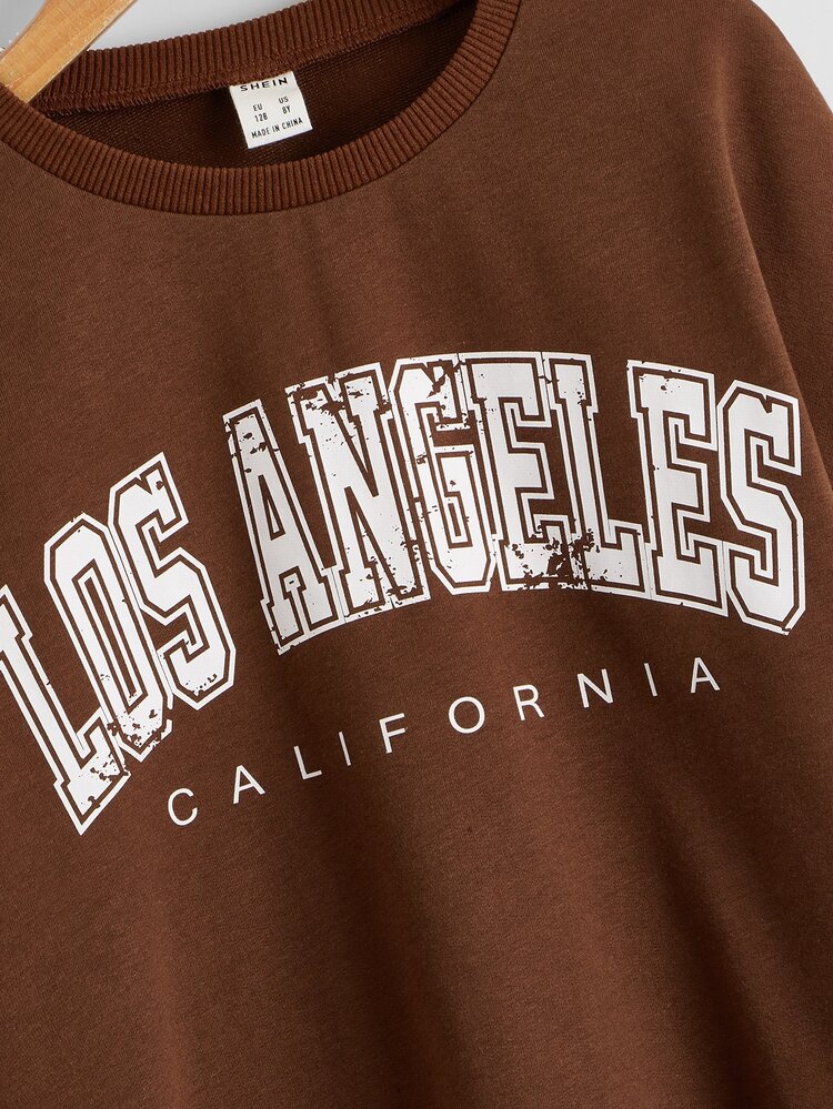 SHEIN Girls Letter Graphic Color Block Drop Shoulder Sweatshirt - Coffee Brown - View 4