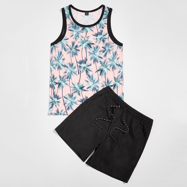 

Men Palm Tree Tank Top & Drawstring Waist Shorts Set, Multicolor