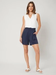 MOTF SOLID NOTCH NECK BUTTON PLACKET SLEEVELESS BLOUSE