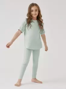 SHEIN Girls Cotton Drop Shoulder Top & Leggings Set - Mint Green - View 1