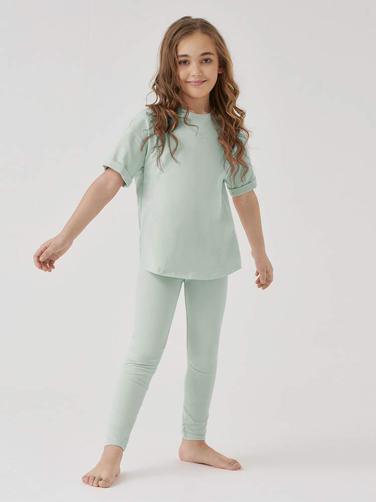 SHEIN 女孩含棉落肩袖上衣和緊身褲套裝 - 薄荷綠 - 查看 1